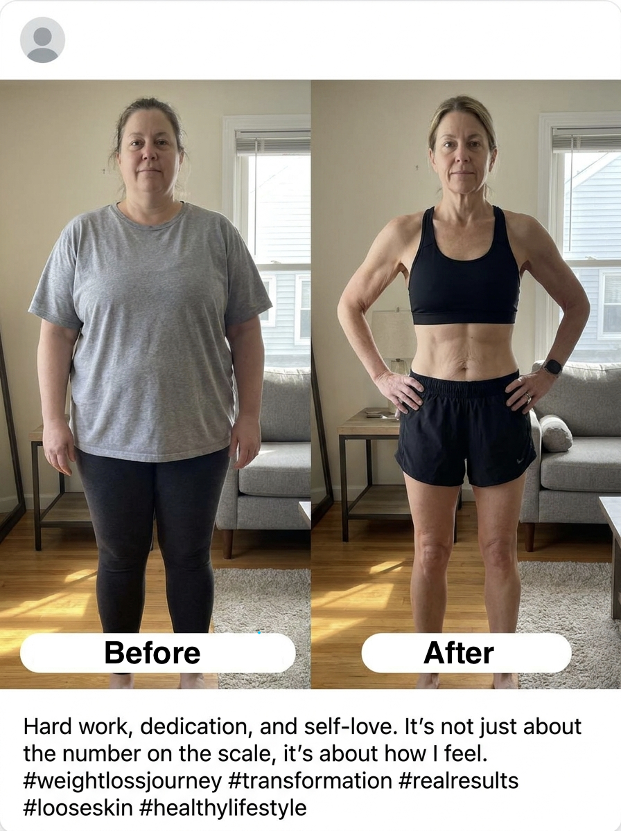 Female patient before and after — significant weight loss transformation