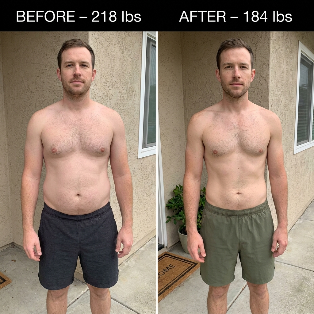 Male patient before and after, 218 to 184 lbs