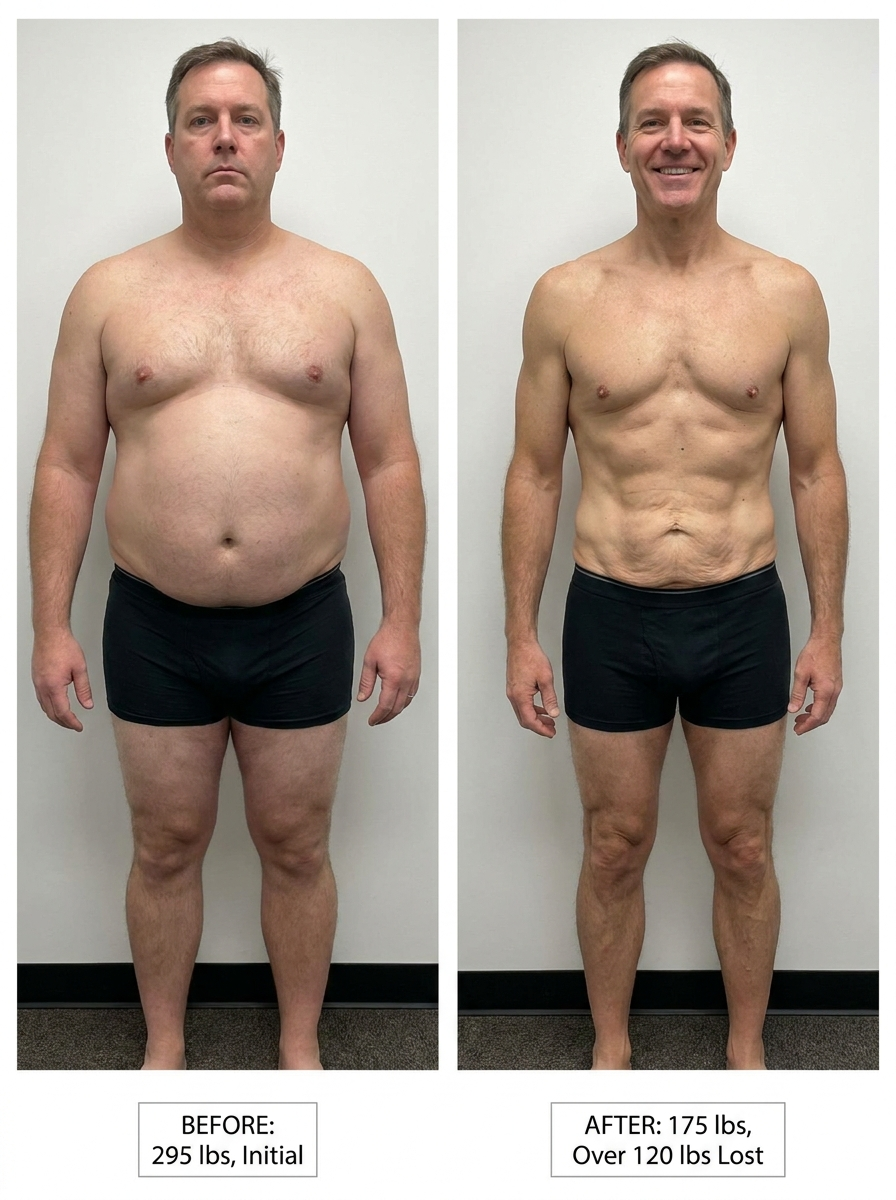 Male patient before and after — lost over 120 lbs