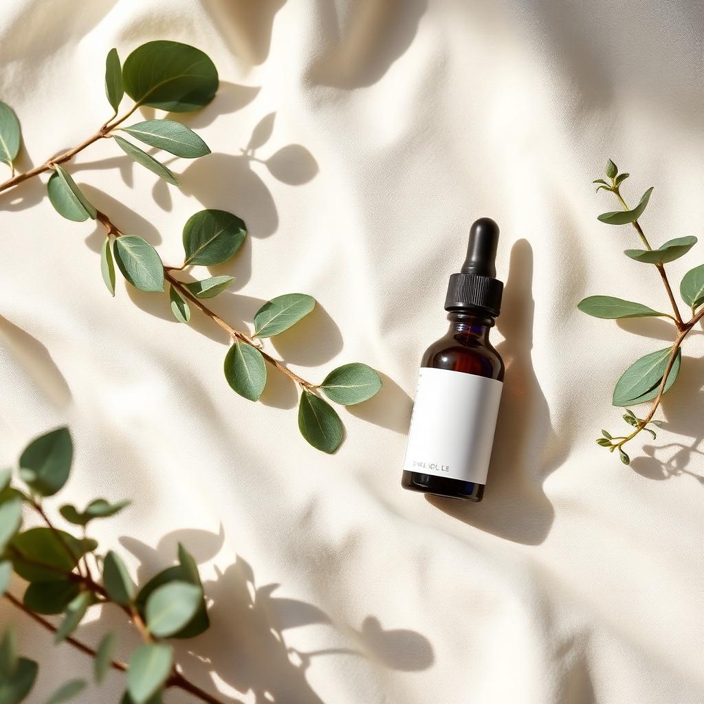 Wellness still life with dropper bottle and eucalyptus leaves