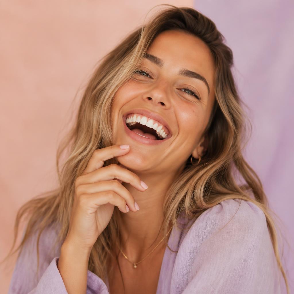 A joyful confident close-up portrait of a woman laughing