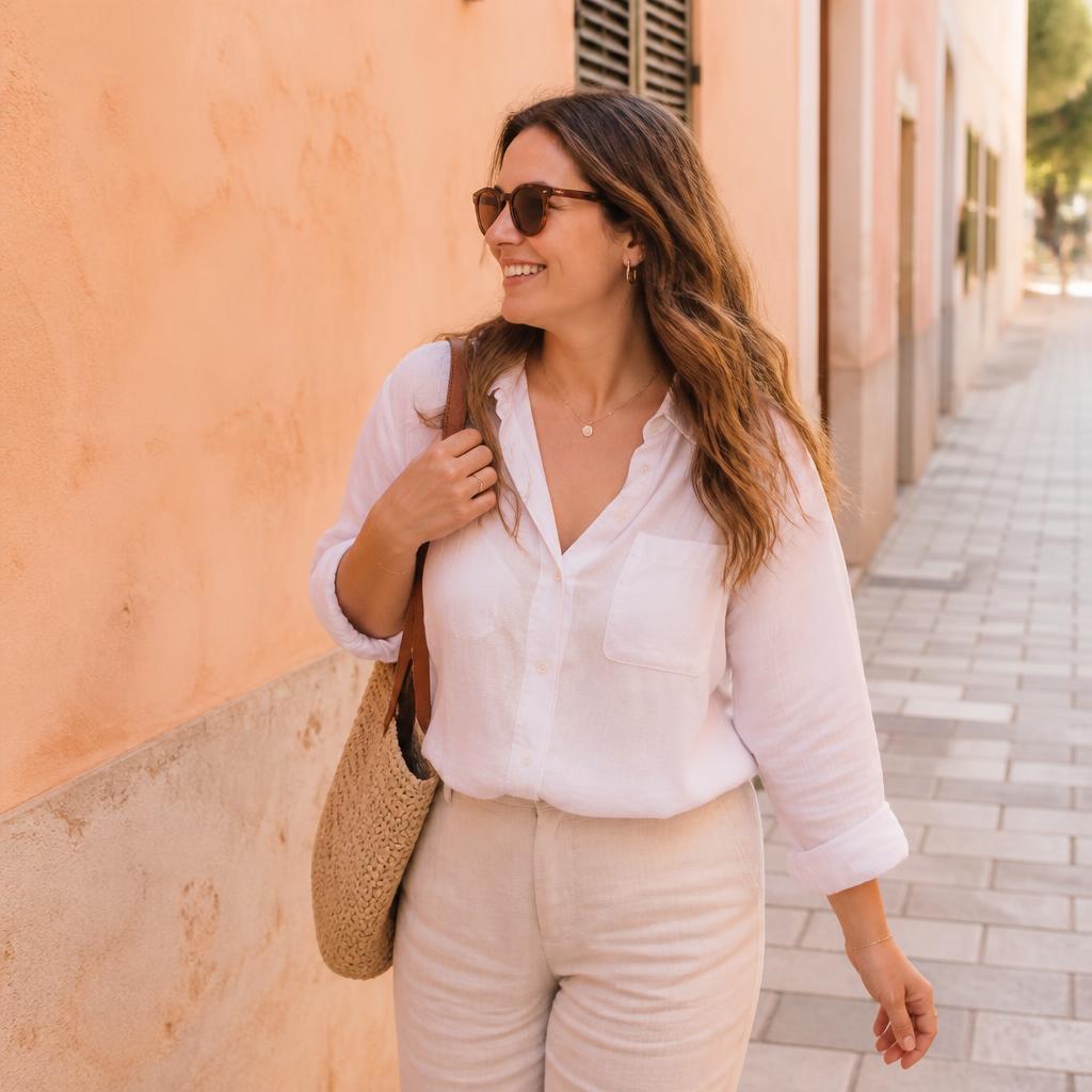 A woman walking outdoors in warm sunlight